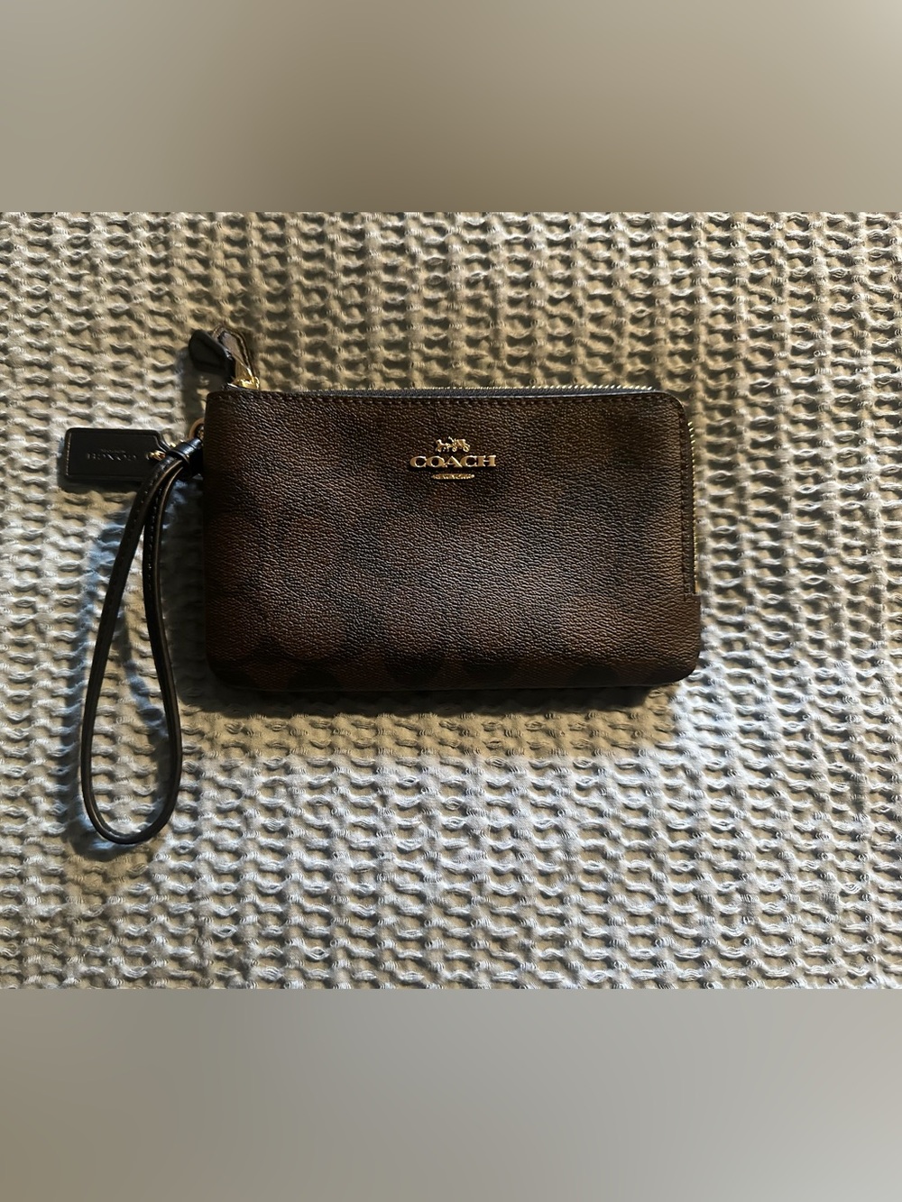 Coach Double Zip Pebbled Leather Wristlet Wallet Brown Gold Zip Clutch